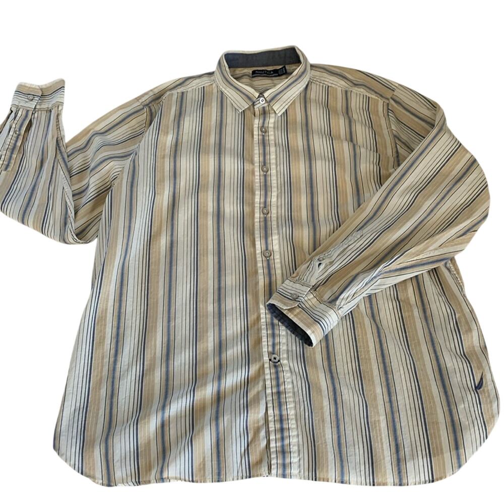 Nautica Men’s XXL Long Sleeve Cotton Poplin Tan & Blue Striped Button Down Shirt